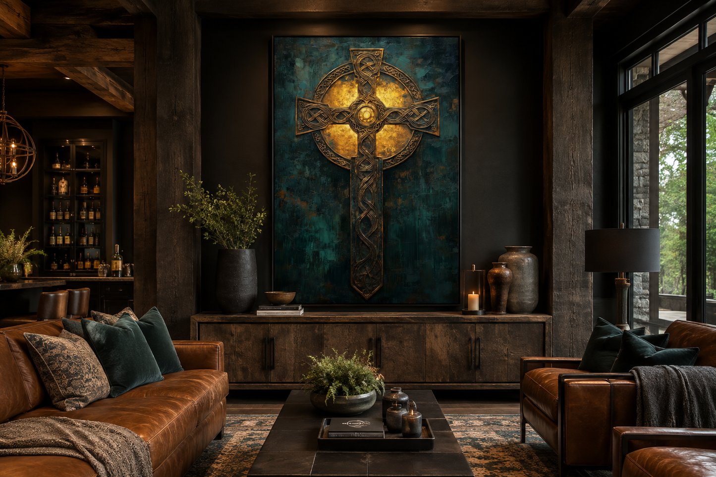 Antique Green Gold Celtic Cross Framed Canvas Wall Art