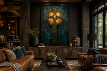 Antique Green Gold Celtic Cross Framed Canvas Wall Art