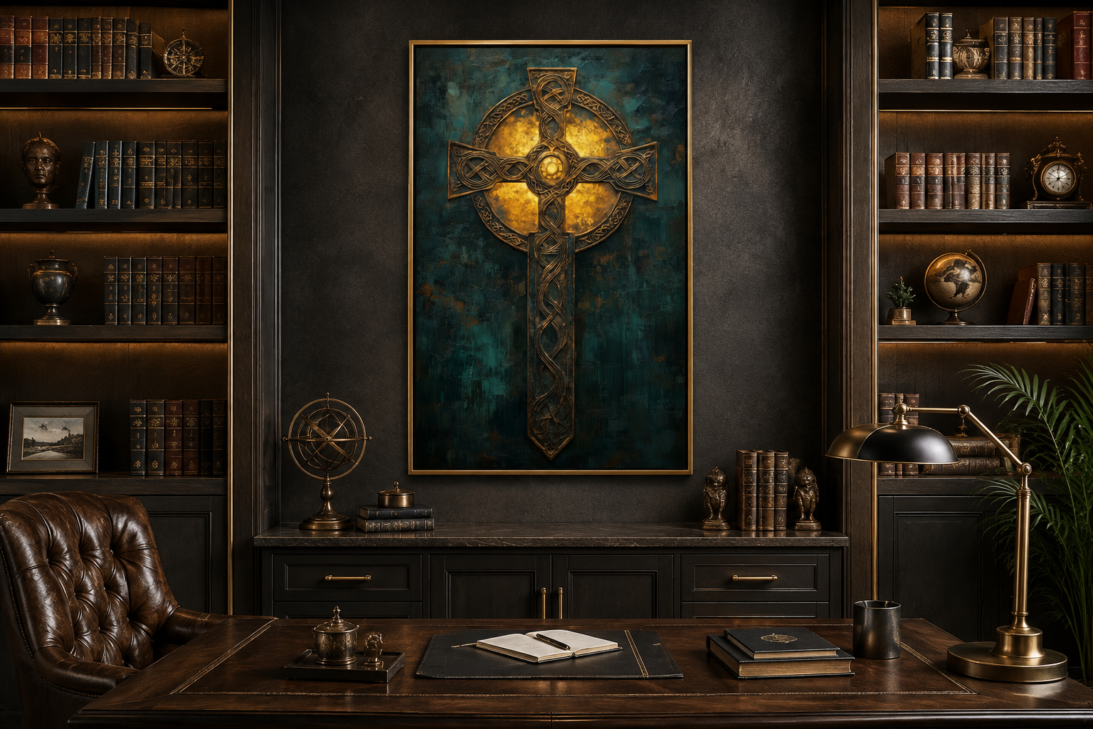 Antique Green Gold Celtic Cross Framed Canvas Wall Art