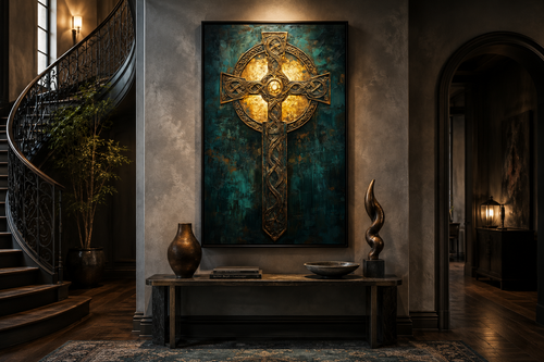 Antique Green Gold Celtic Cross Framed Canvas Wall Art
