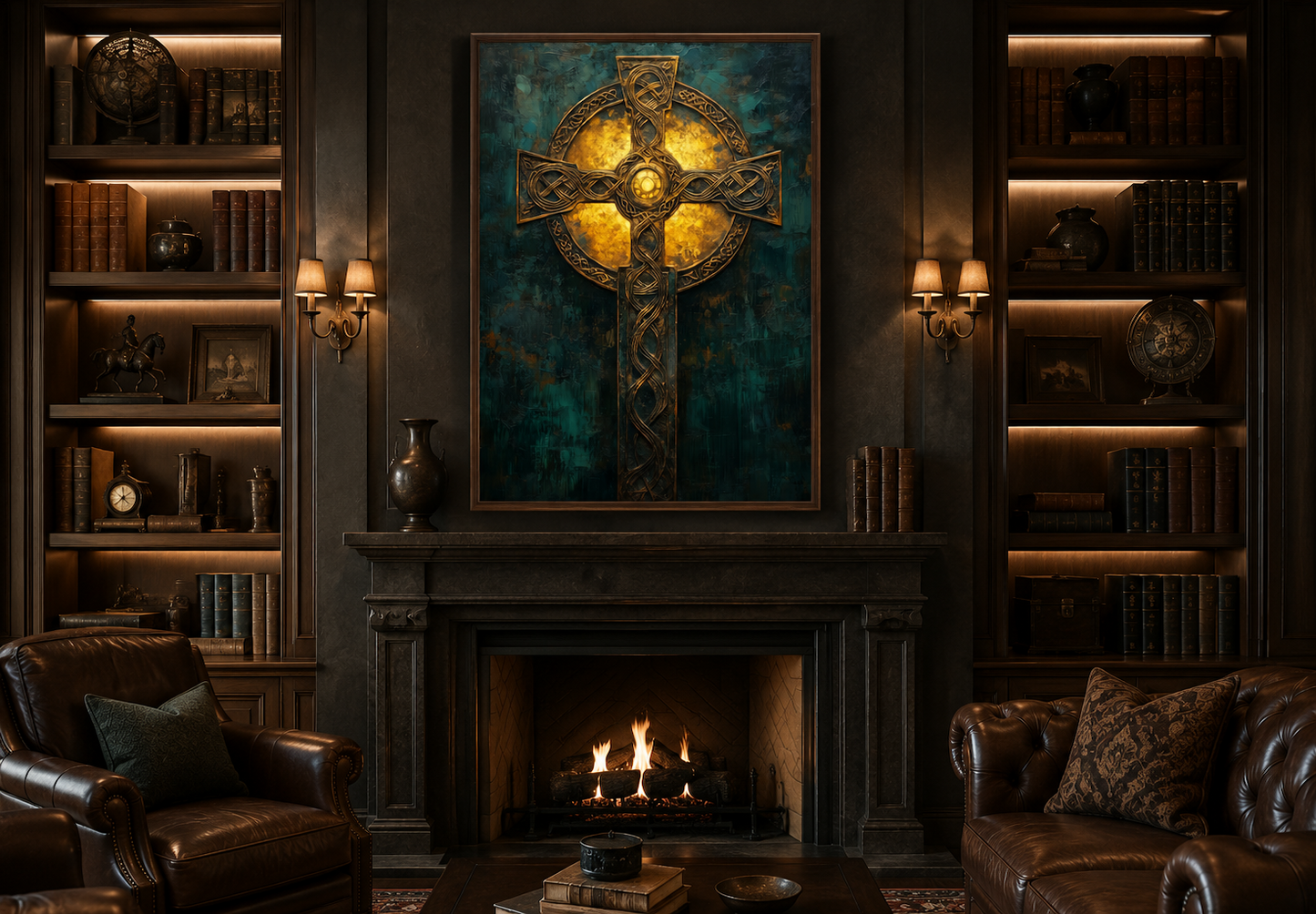 Antique Green Gold Celtic Cross Framed Canvas Wall Art