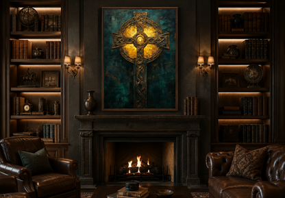 Antique Green Gold Celtic Cross Framed Canvas Wall Art