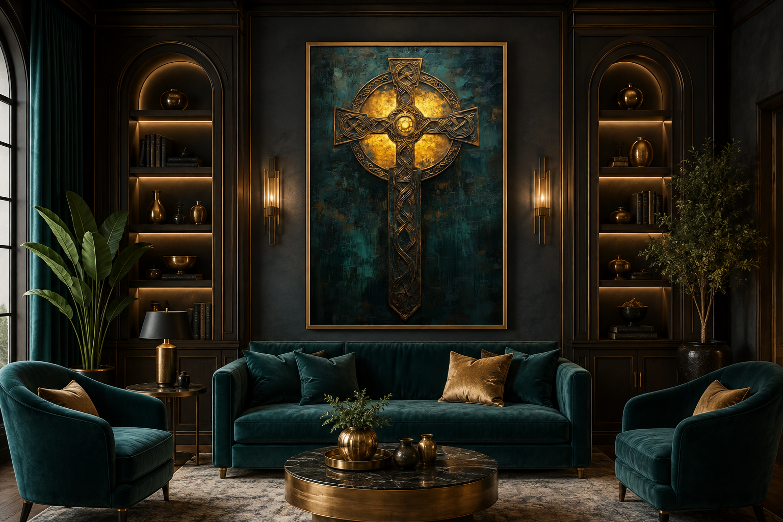 Antique Green Gold Celtic Cross Framed Canvas Wall Art