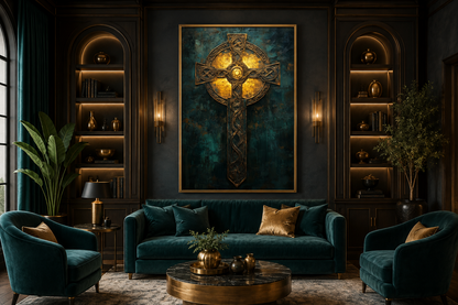 Antique Green Gold Celtic Cross Framed Canvas Wall Art
