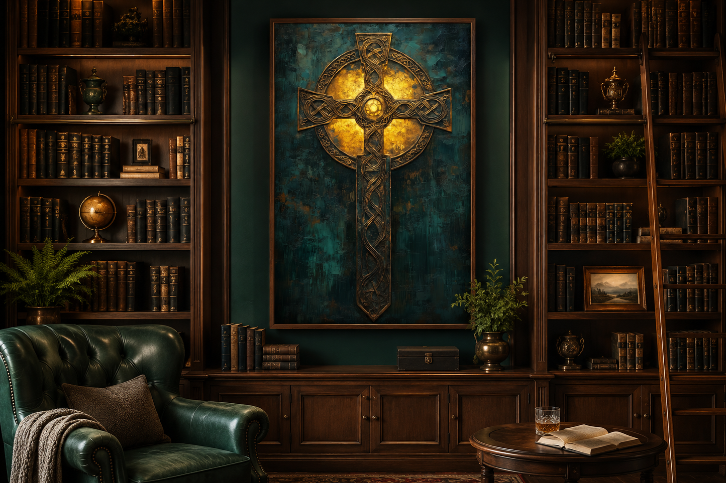 Antique Green Gold Celtic Cross Framed Canvas Wall Art