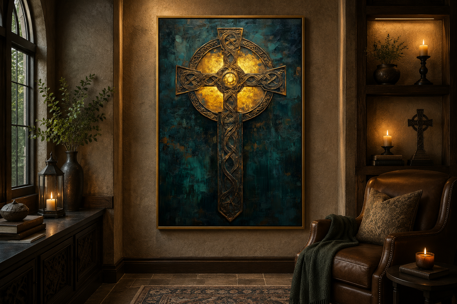 Antique Green Gold Celtic Cross Framed Canvas Wall Art