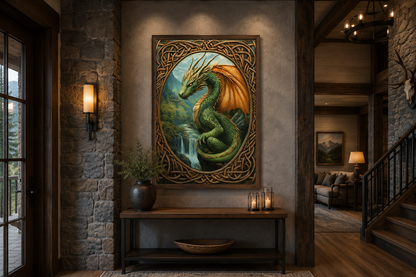 Celtic Dragon Perched Over a Waterfall in a Green Mountain Valley Canvas Wall Art