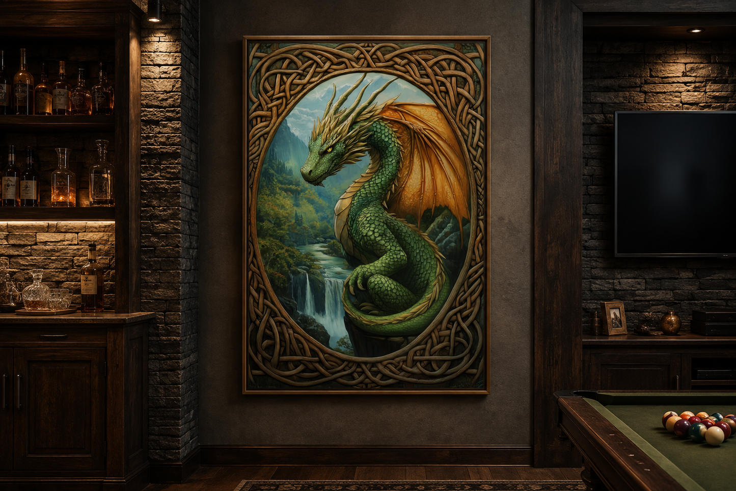 Celtic Dragon Perched Over a Waterfall in a Green Mountain Valley Canvas Wall Art