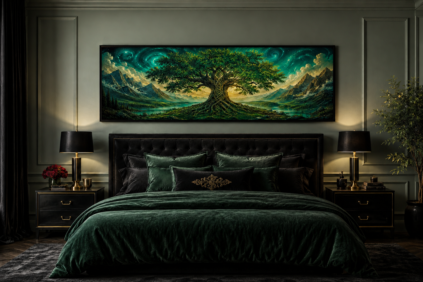 Celtic Tree Of Life Long Narrow Emerald Green Framed Canvas Wall Art
