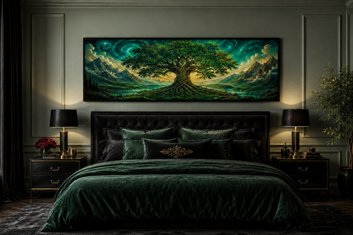 Celtic Tree Of Life Long Narrow Emerald Green Framed Canvas Wall Art