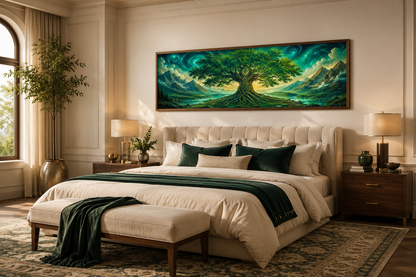 Celtic Tree Of Life Long Narrow Emerald Green Framed Canvas Wall Art