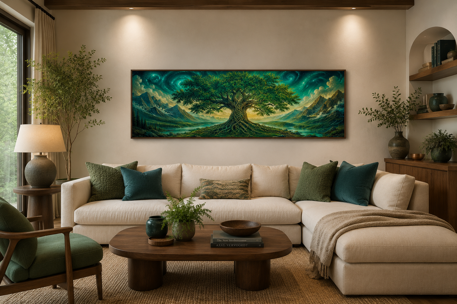 Celtic Tree Of Life Long Narrow Emerald Green Framed Canvas Wall Art