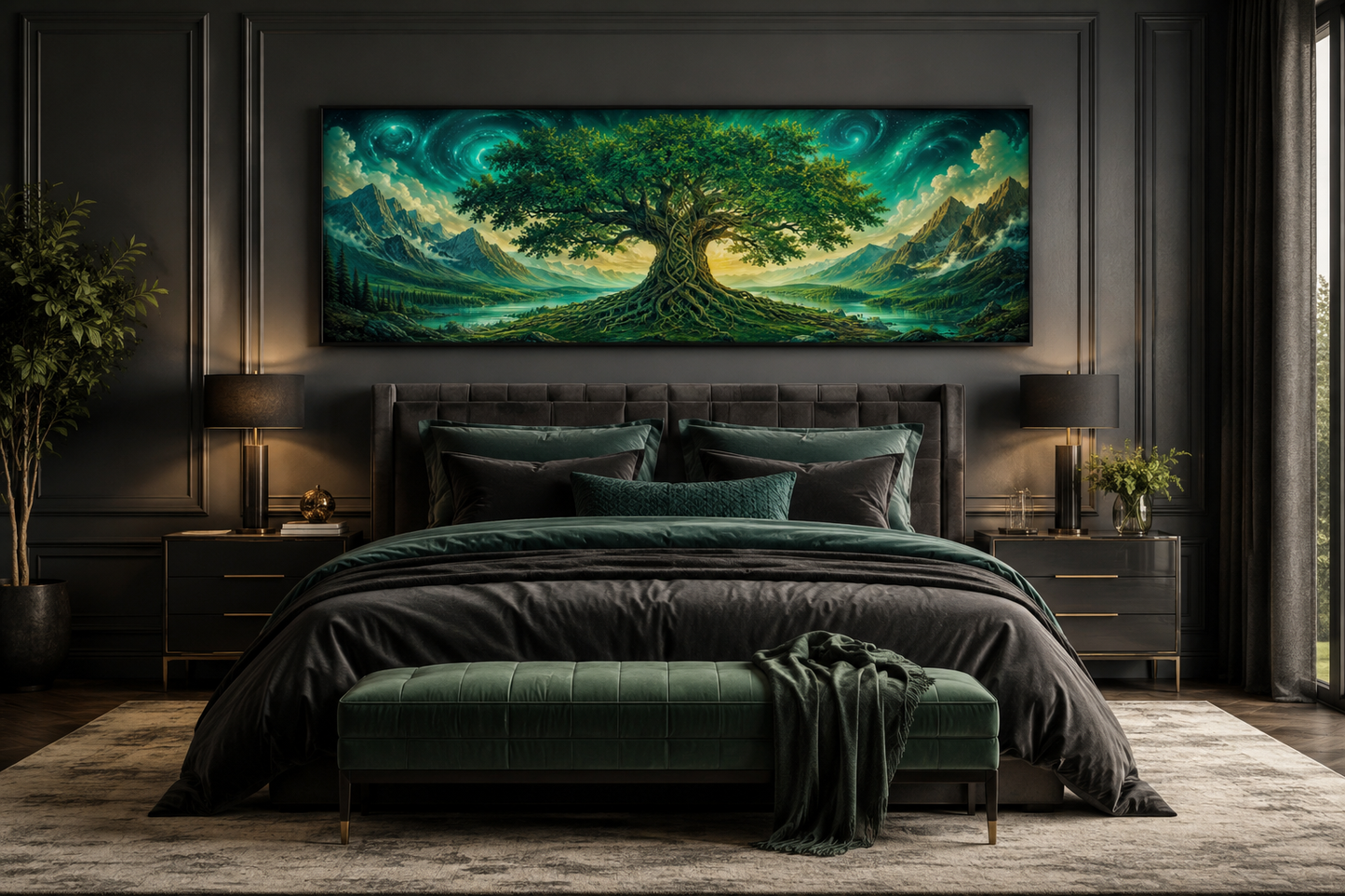 Celtic Tree Of Life Long Narrow Emerald Green Framed Canvas Wall Art