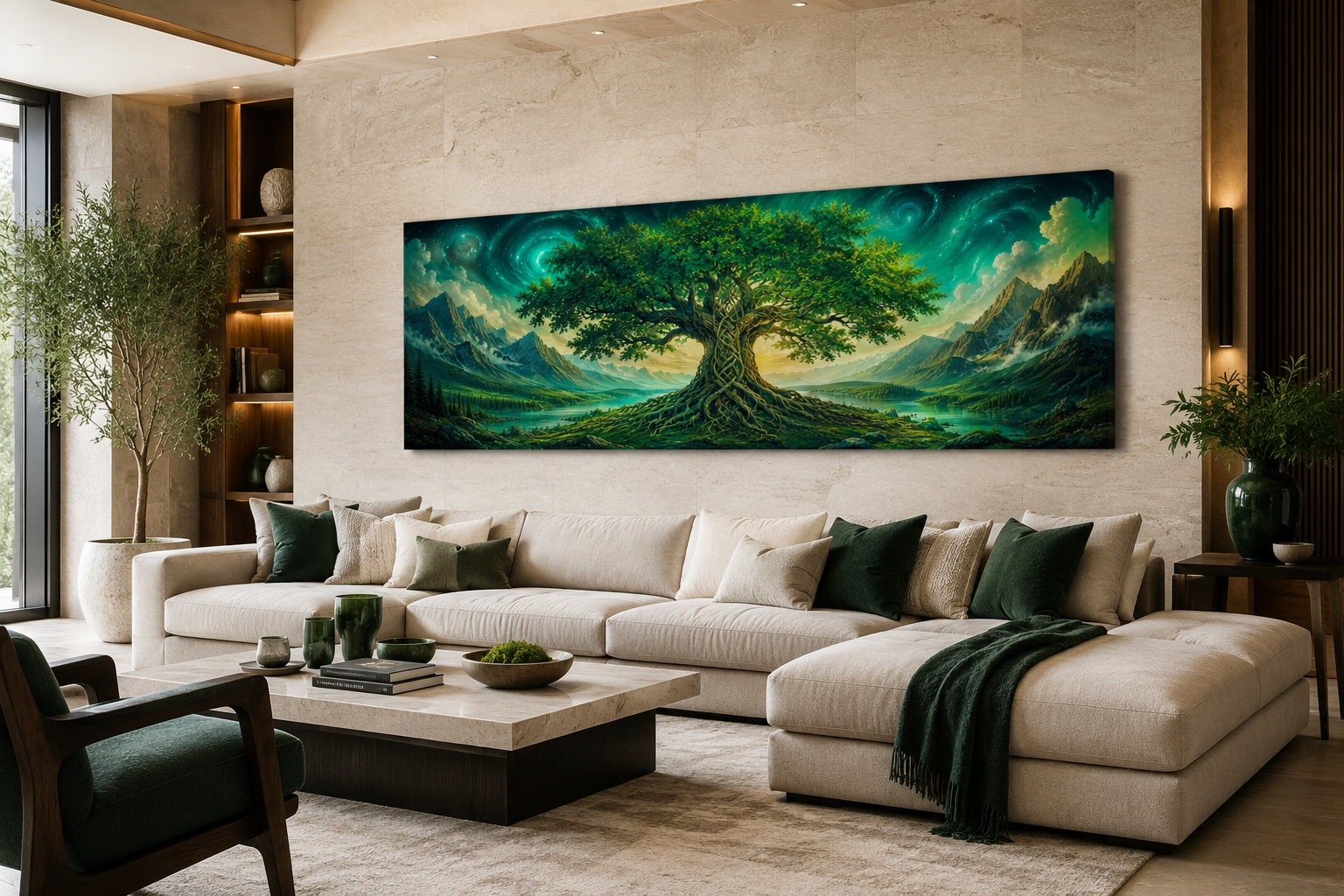 Celtic Tree Of Life Long Narrow Emerald Green Framed Canvas Wall Art