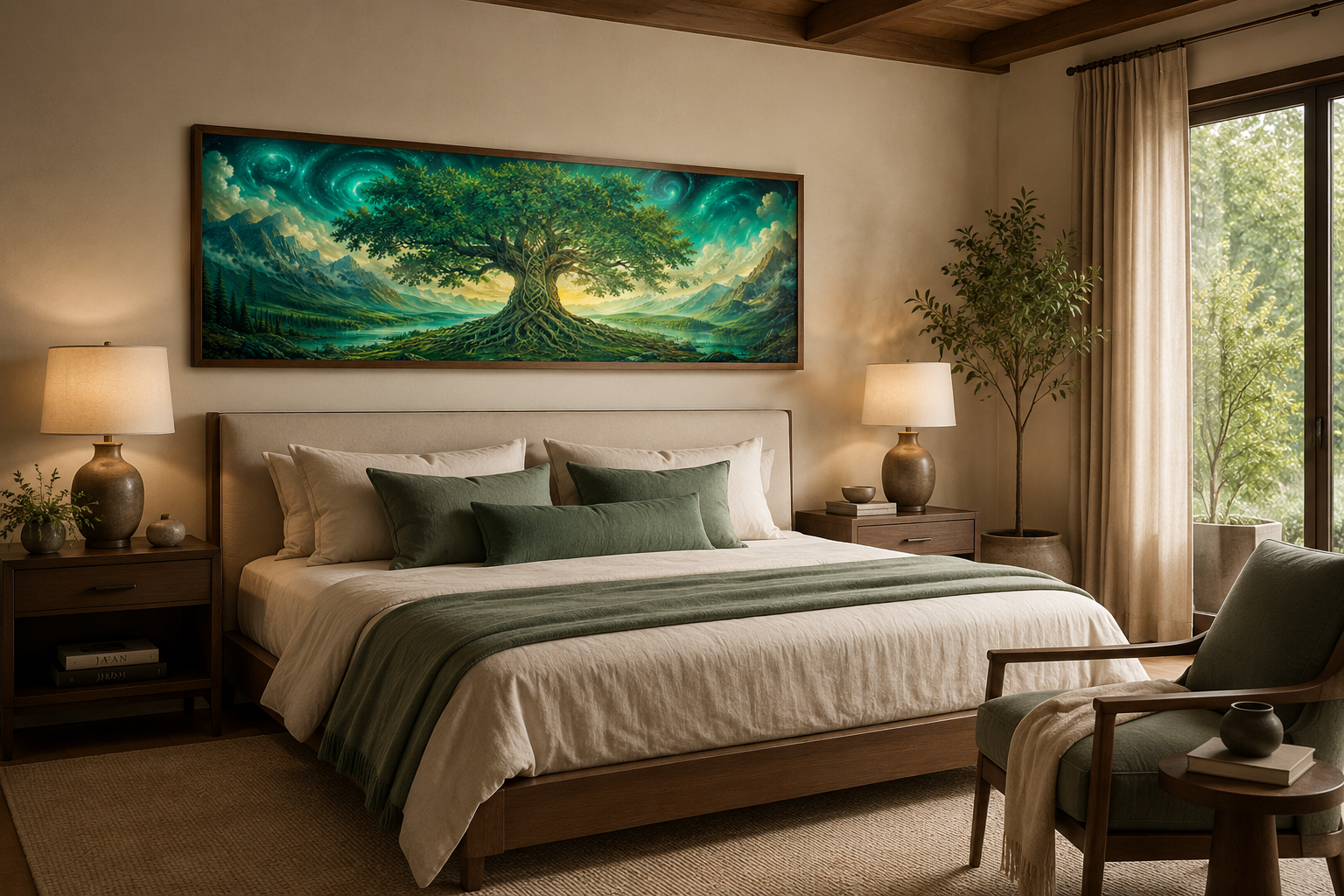 Celtic Tree Of Life Long Narrow Emerald Green Framed Canvas Wall Art