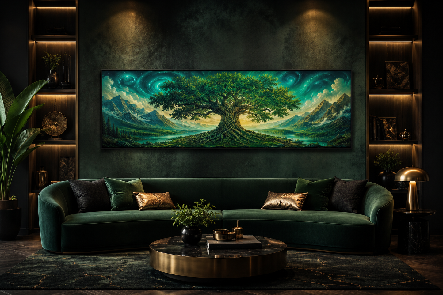 Celtic Tree Of Life Long Narrow Emerald Green Framed Canvas Wall Art