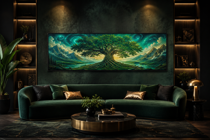 Celtic Tree Of Life Long Narrow Emerald Green Framed Canvas Wall Art