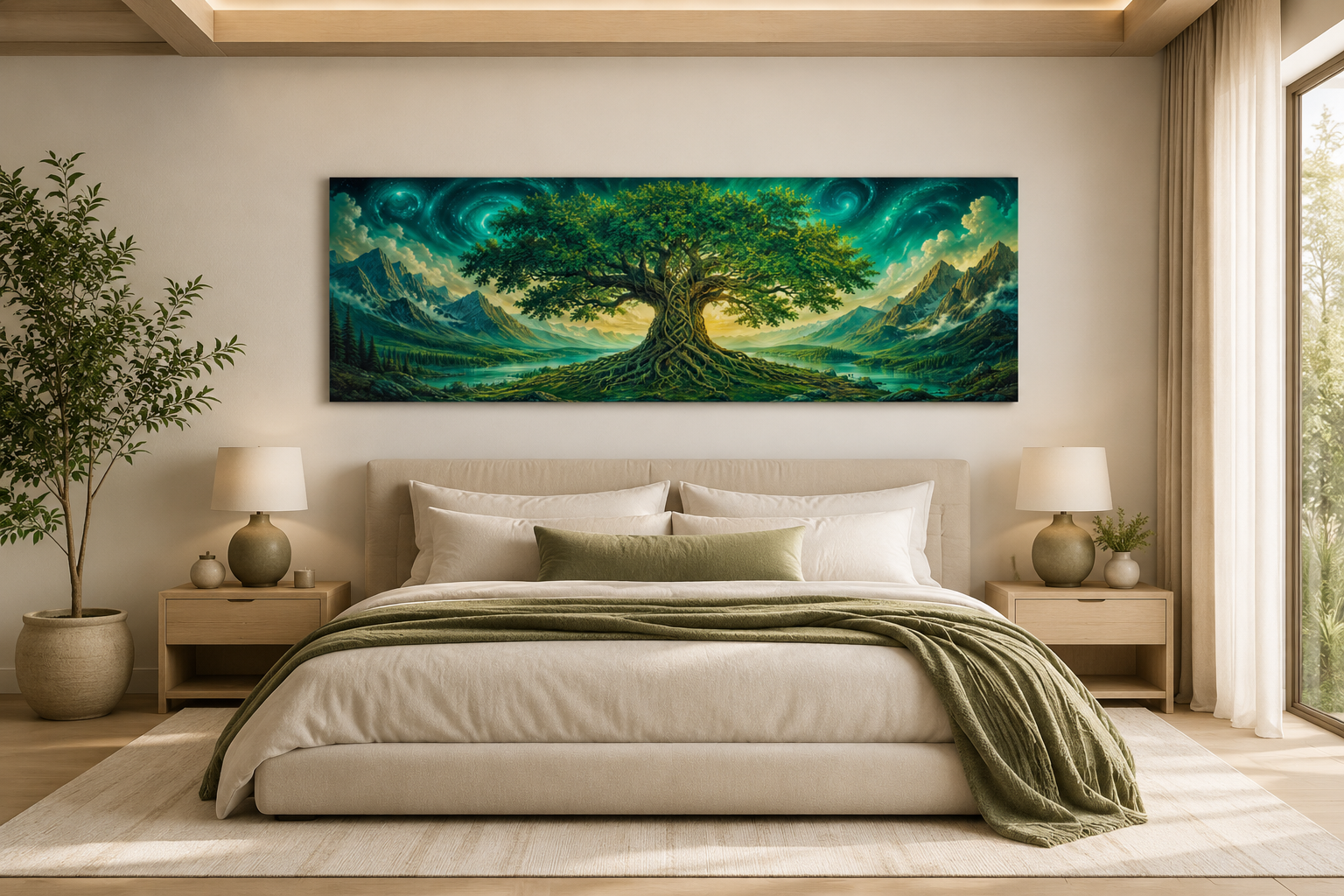 Celtic Tree Of Life Long Narrow Emerald Green Framed Canvas Wall Art