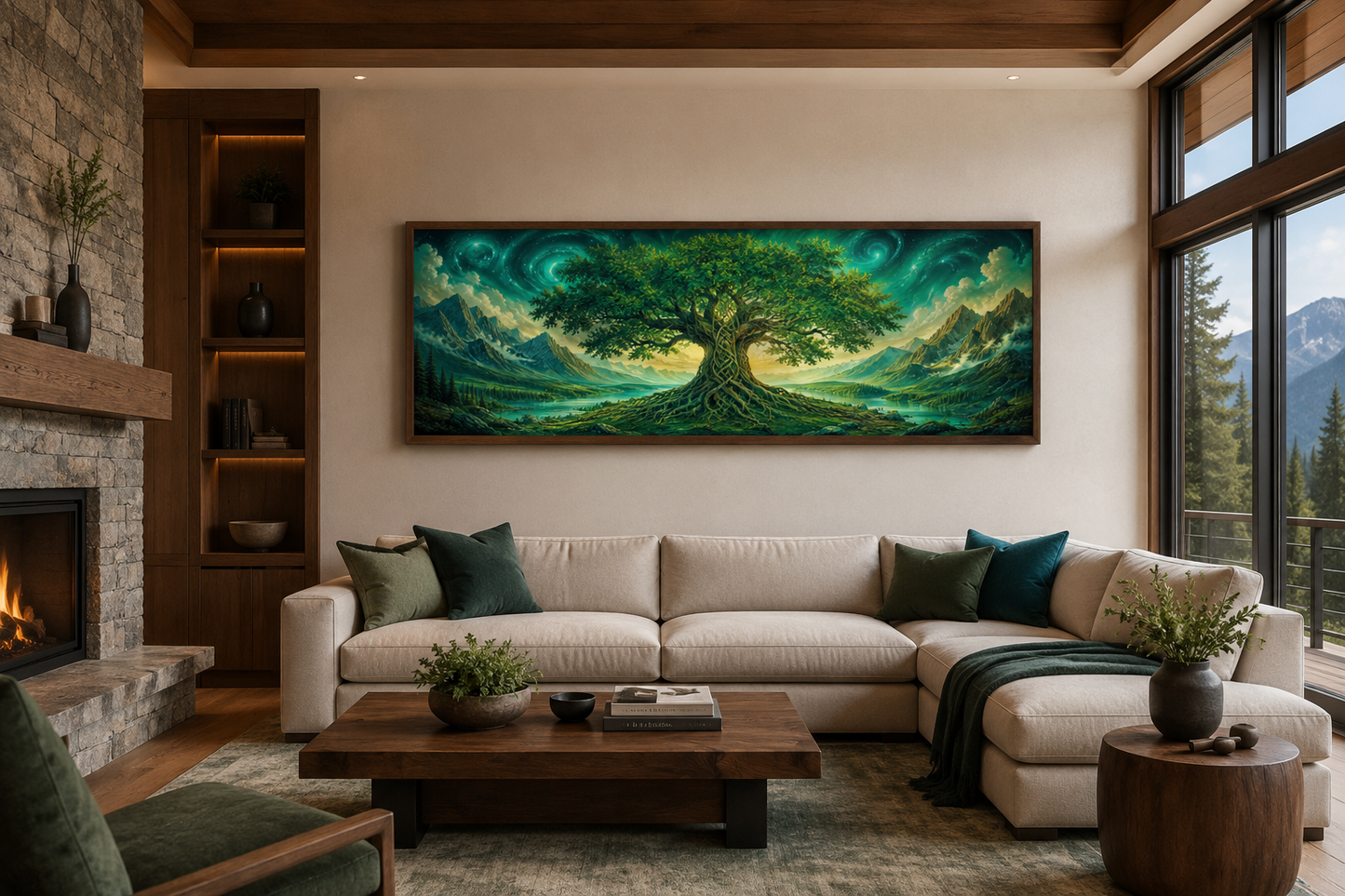 Celtic Tree Of Life Long Narrow Emerald Green Framed Canvas Wall Art