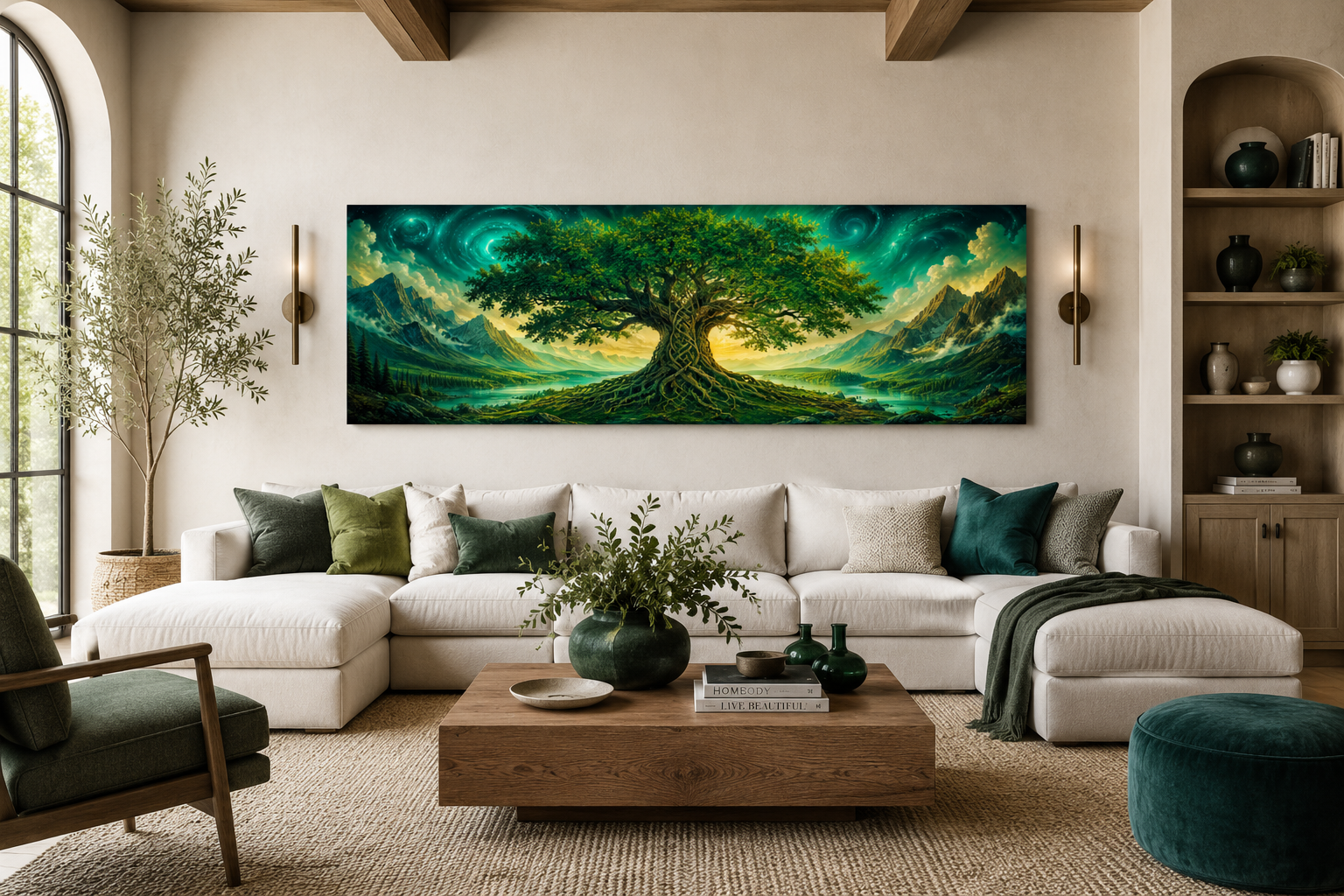 Celtic Tree Of Life Long Narrow Emerald Green Framed Canvas Wall Art