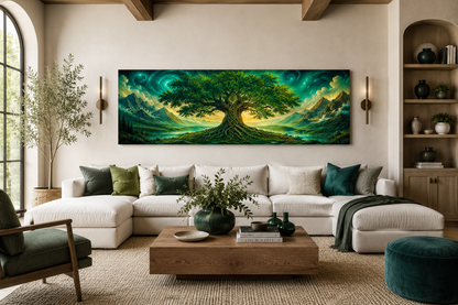 Celtic Tree Of Life Long Narrow Emerald Green Framed Canvas Wall Art