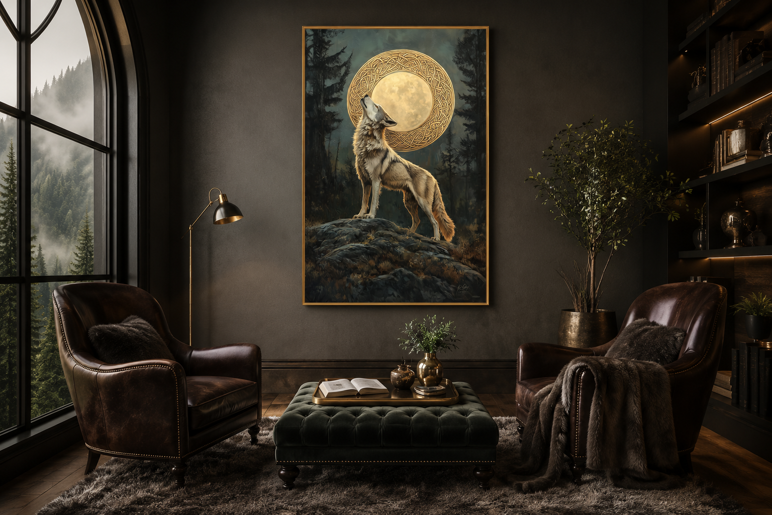 Celtic Wolf And Moon Antique Framed Canvas Wall Art