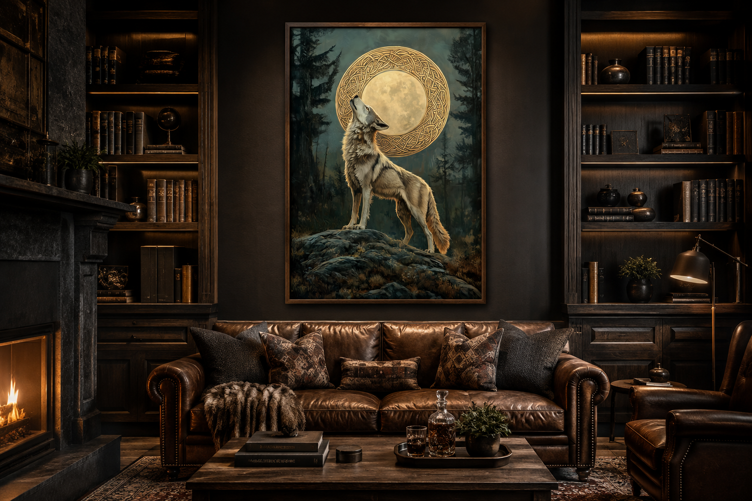 Celtic Wolf And Moon Antique Framed Canvas Wall Art