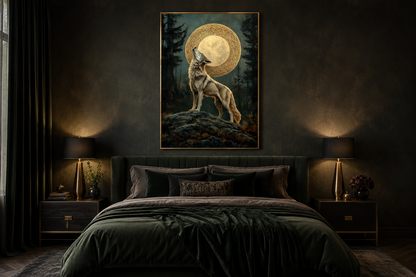 Celtic Wolf And Moon Antique Framed Canvas Wall Art