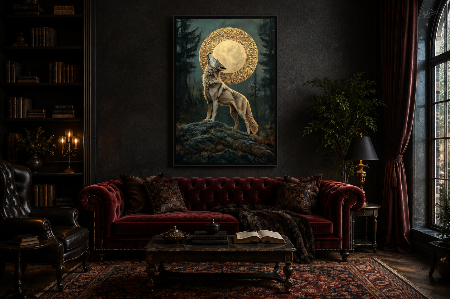 Celtic Wolf And Moon Antique Framed Canvas Wall Art