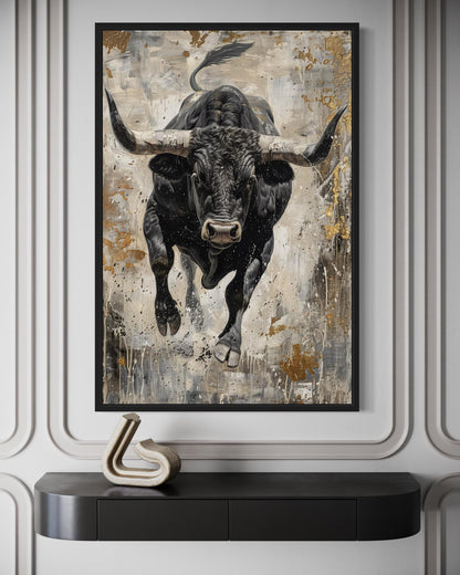 Charging Bull Vertical Abstract Painting - Man Cave or Mens Office Wall Art
