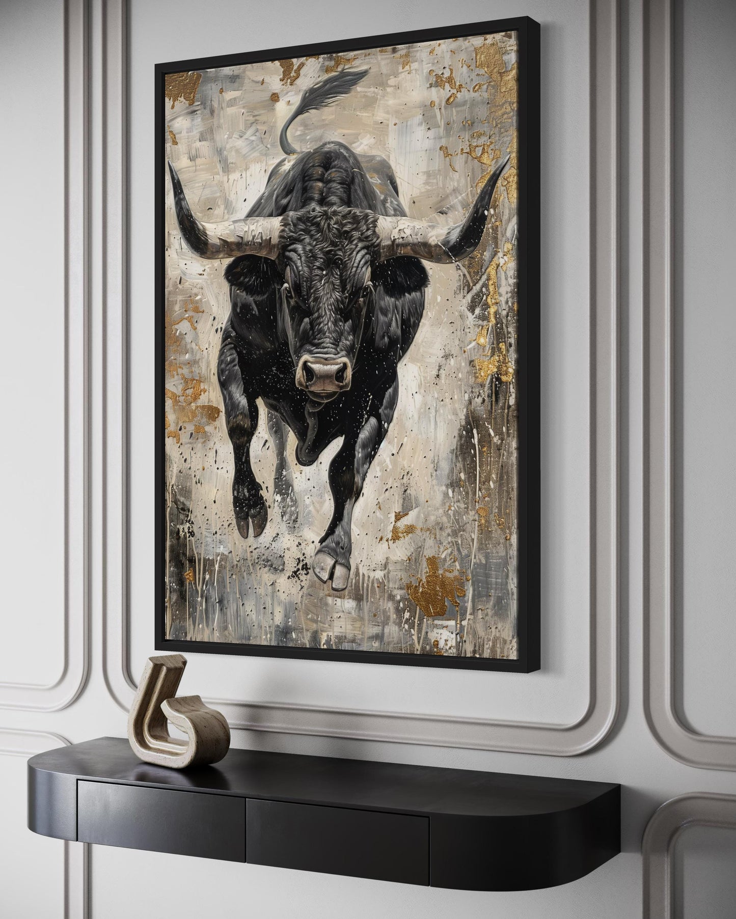 Charging Bull Vertical Abstract Painting - Man Cave or Mens Office Wall Art