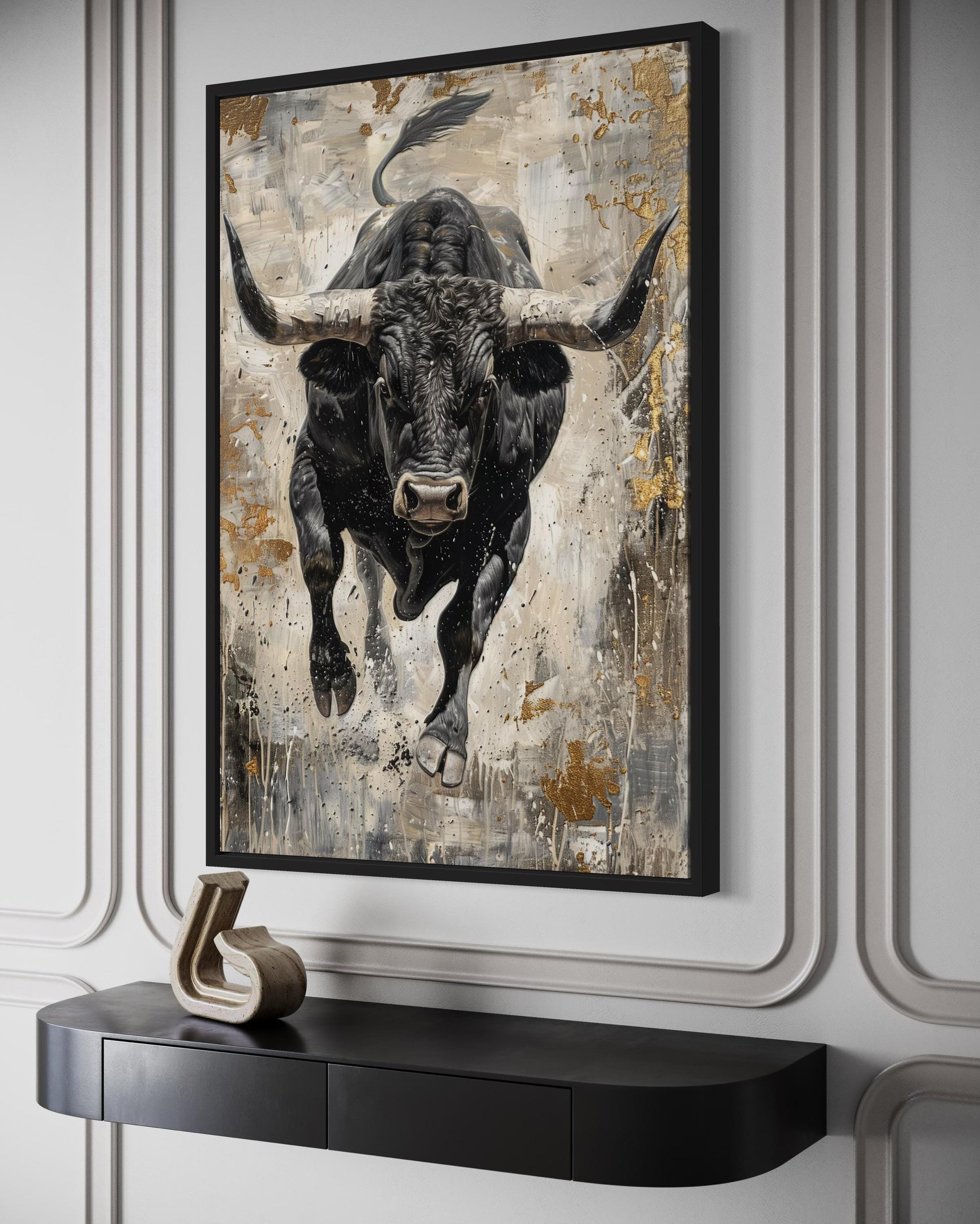 Charging Bull Vertical Abstract Painting - Man Cave or Mens Office Wall Art