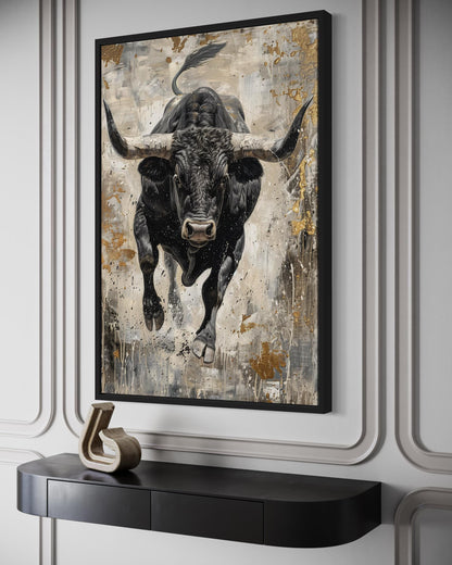 Charging Bull Vertical Abstract Painting - Man Cave or Mens Office Wall Art