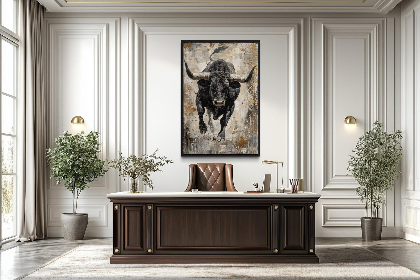 Charging Bull Vertical Abstract Painting - Man Cave or Mens Office Wall Art
