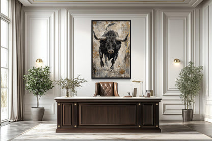 Charging Bull Vertical Abstract Painting - Man Cave or Mens Office Wall Art