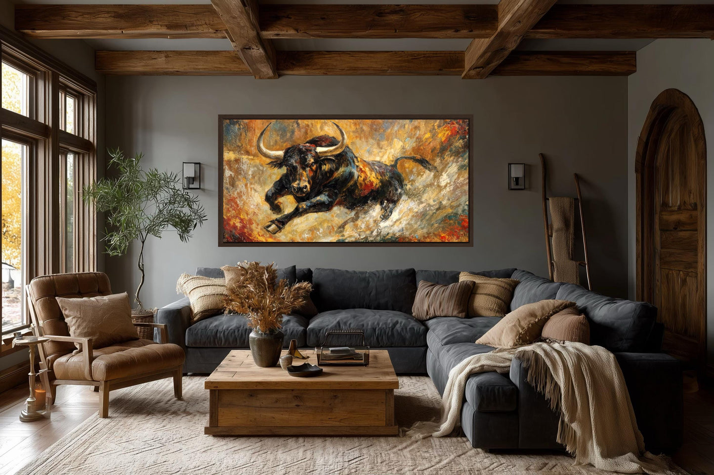 Charging Bull Wall Art – Bold Black Bull Canvas Print with Gold Red Abstract Decor