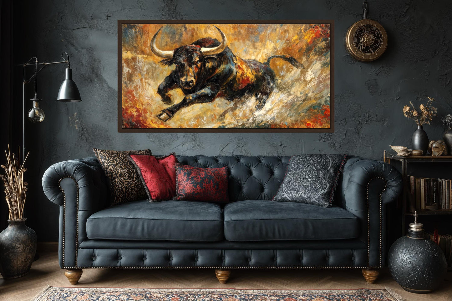 Charging Bull Wall Art – Bold Black Bull Canvas Print with Gold Red Abstract Decor
