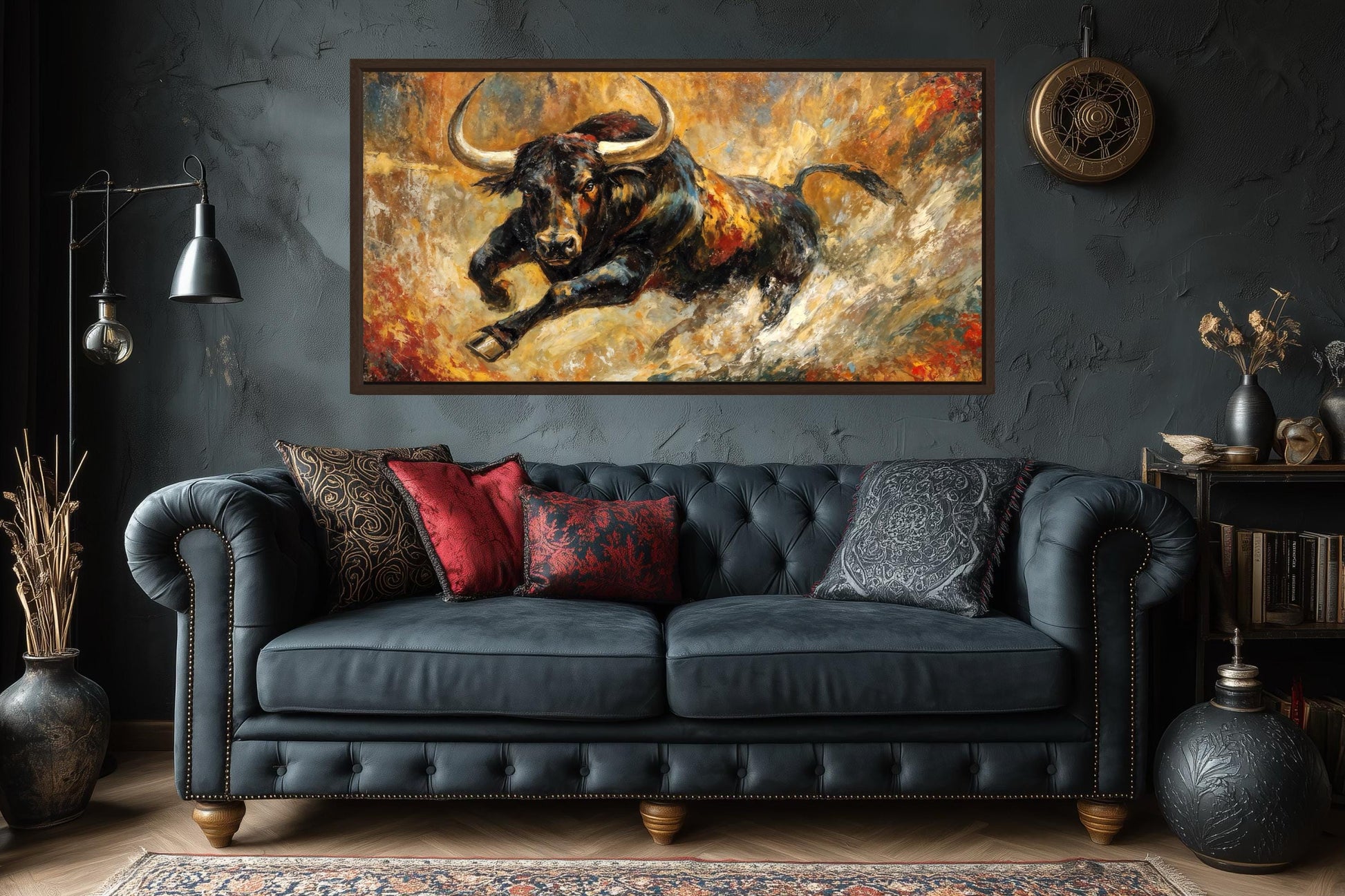Charging Bull Wall Art – Bold Black Bull Canvas Print with Gold Red Abstract Decor