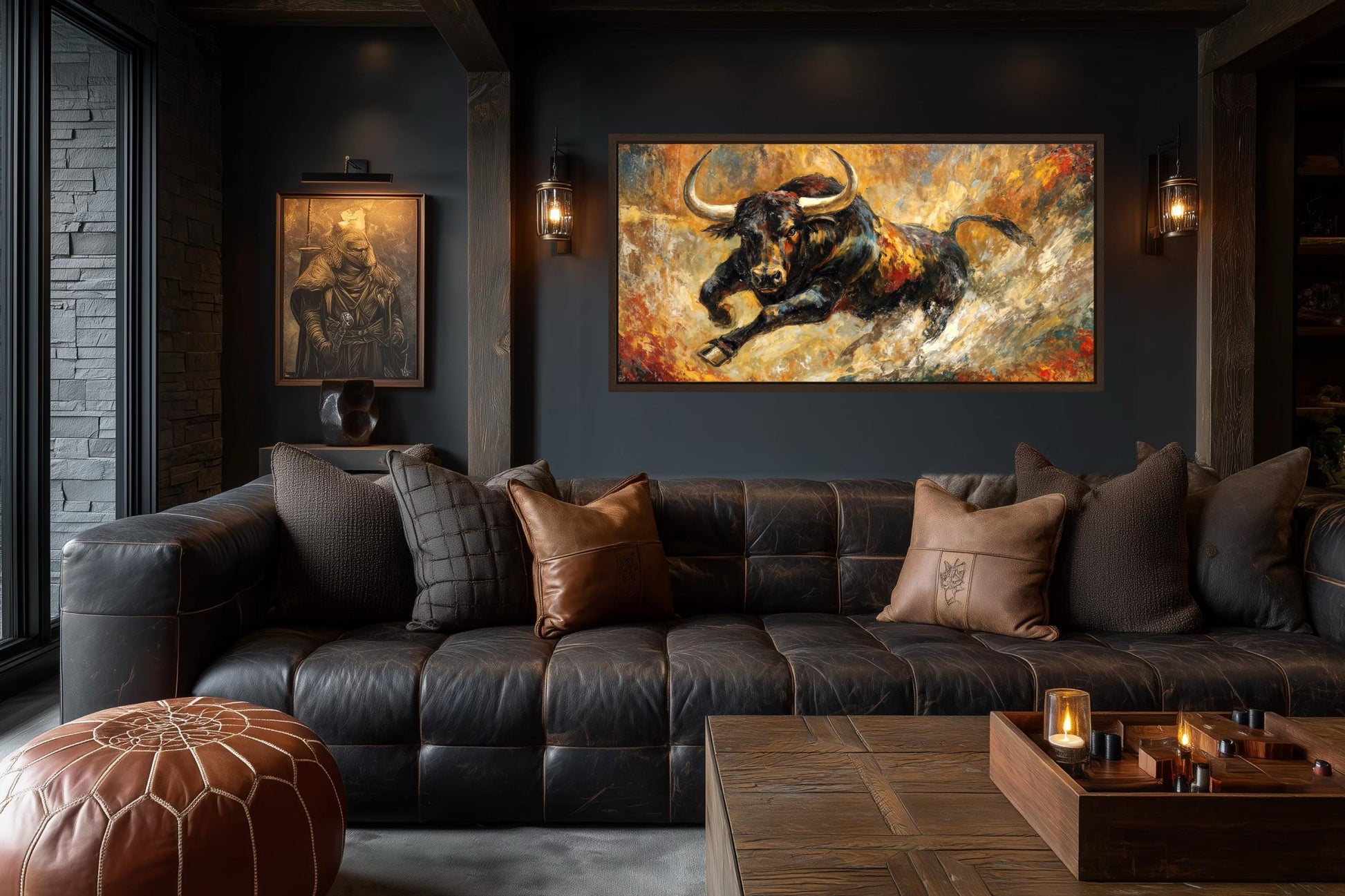 Charging Bull Wall Art – Bold Black Bull Canvas Print with Gold Red Abstract Decor