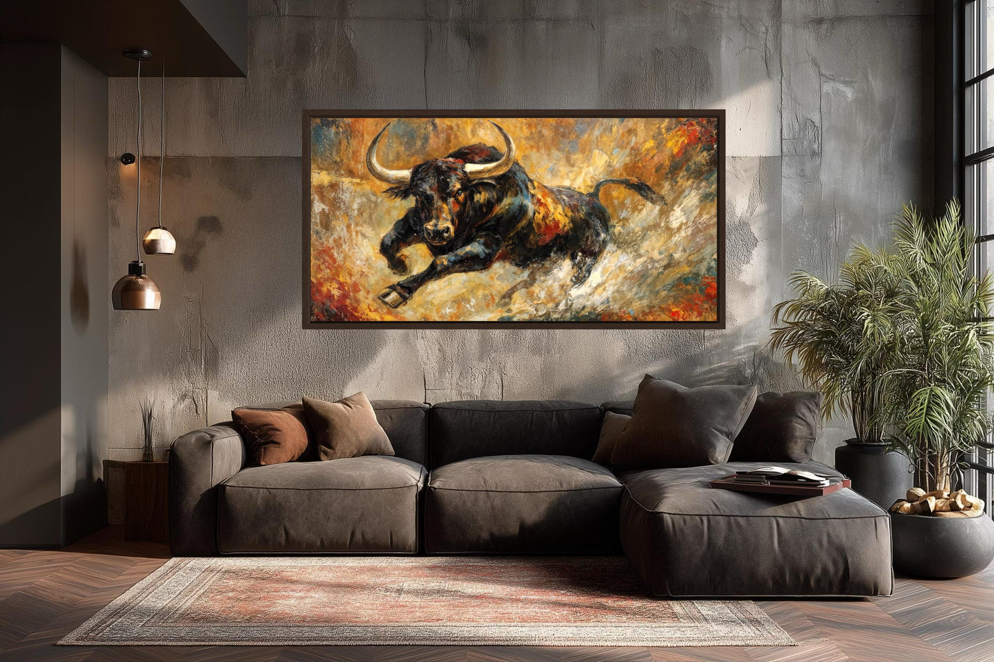 Charging Bull Wall Art – Bold Black Bull Canvas Print with Gold Red Abstract Decor