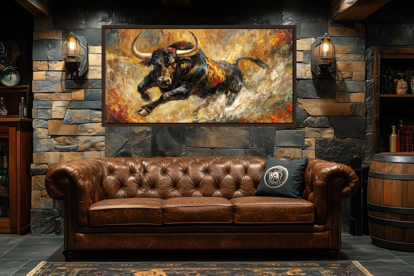 Charging Bull Wall Art – Bold Black Bull Canvas Print with Gold Red Abstract Decor