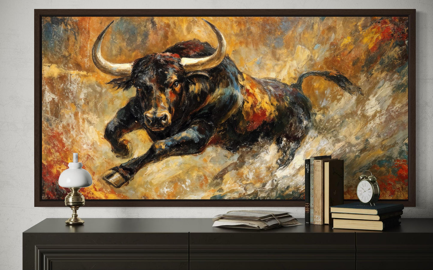 Charging Bull Wall Art – Bold Black Bull Canvas Print with Gold Red Abstract Decor