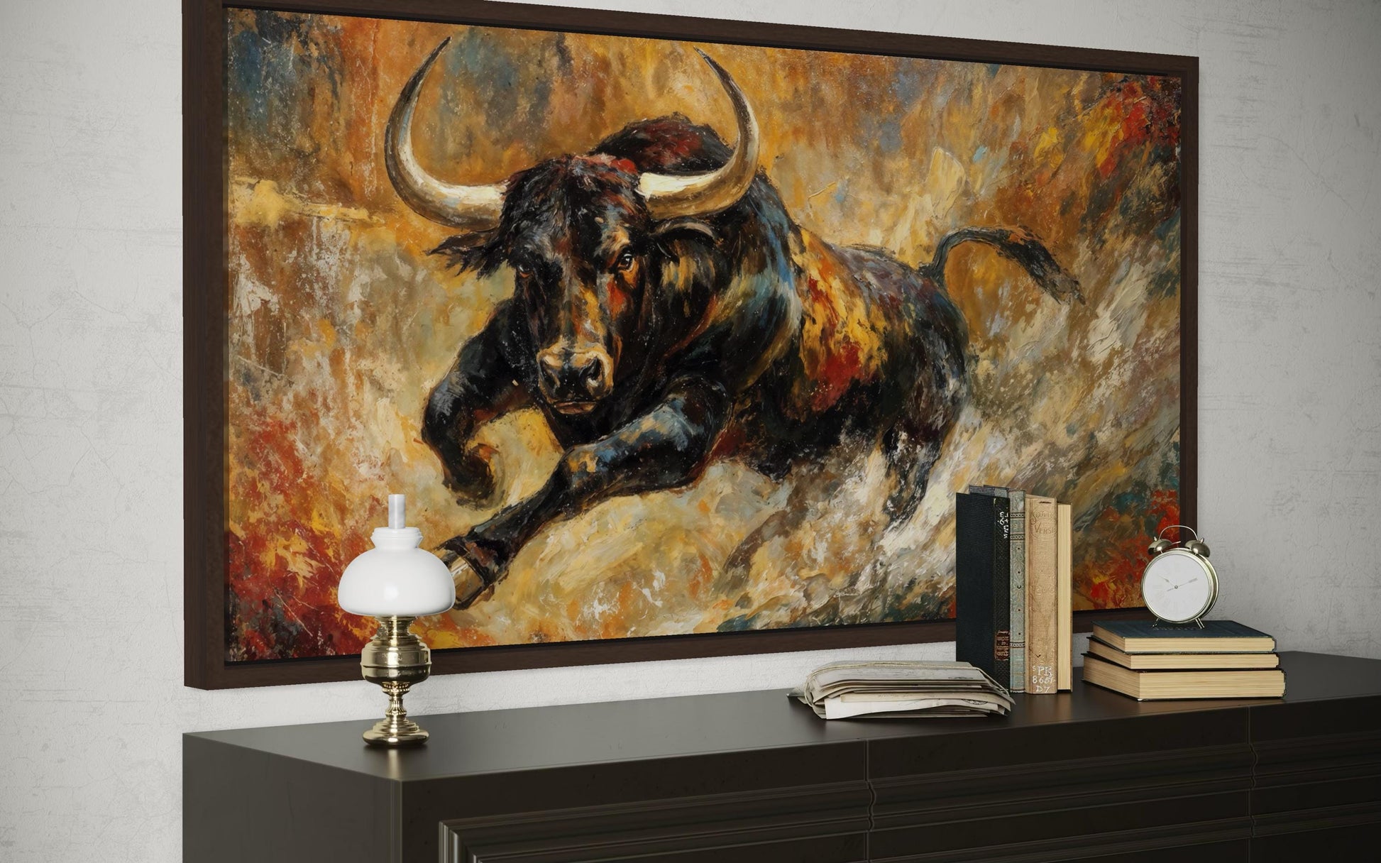 Charging Bull Wall Art – Bold Black Bull Canvas Print with Gold Red Abstract Decor