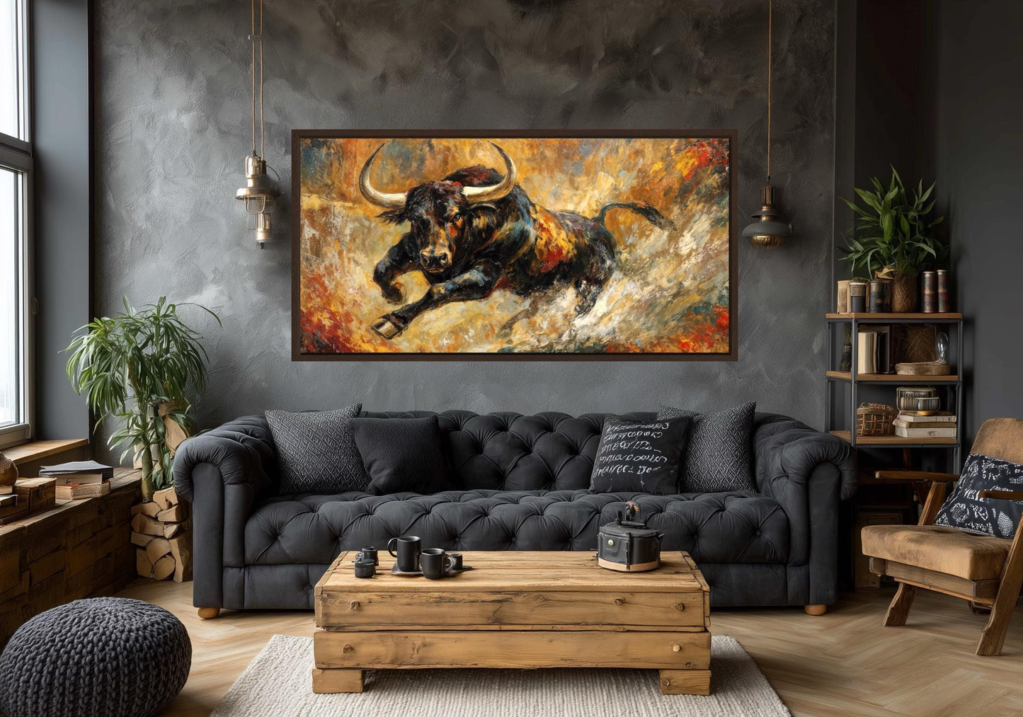 Charging Bull Wall Art – Bold Black Bull Canvas Print with Gold Red Abstract Decor