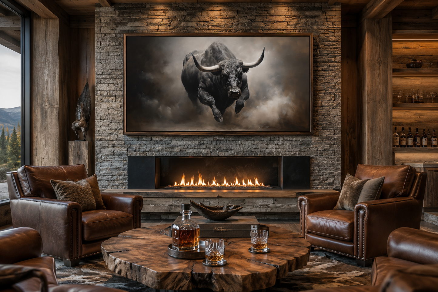 Charging Bull Wall Art - Bold Framed Canvas Print | Rustic Man Cave Decor