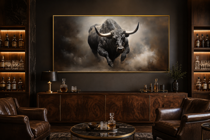Charging Bull Wall Art - Bold Framed Canvas Print | Rustic Man Cave Decor