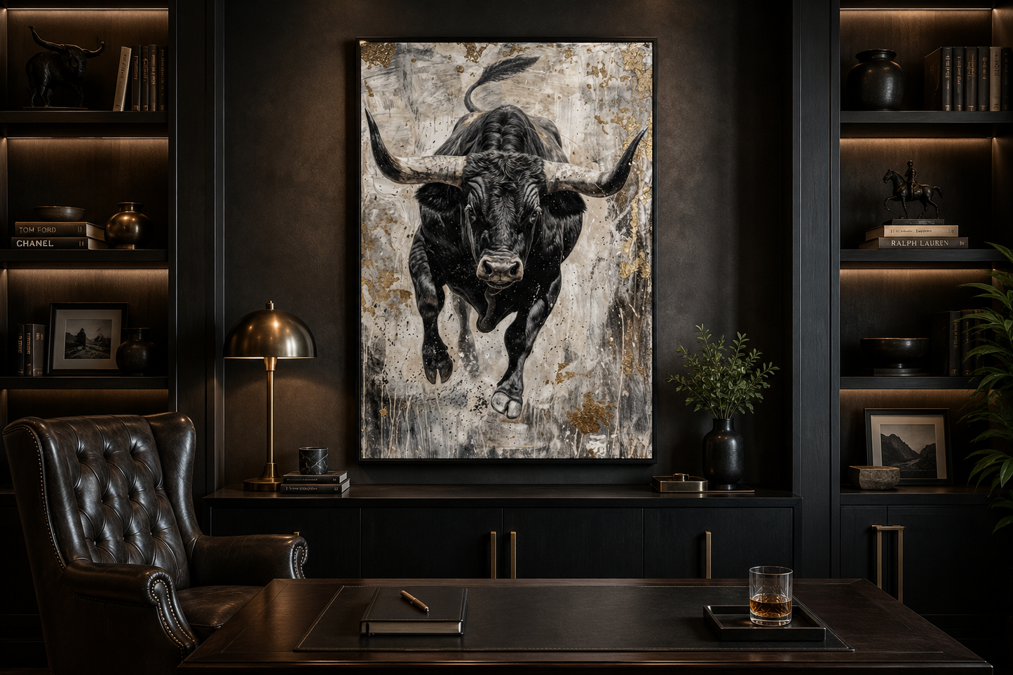 Charging Bull Vertical Abstract Painting - Man Cave or Mens Office Wall Art
