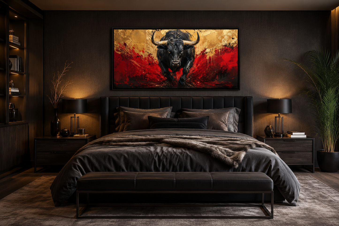 Charging Spanish Fighting Bull -Toro Bravo Corrida Framed Canvas Wall Art For Mens Office