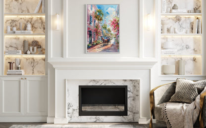 Charleston Horse Carriage In The Street Framed Canvas Wall Art