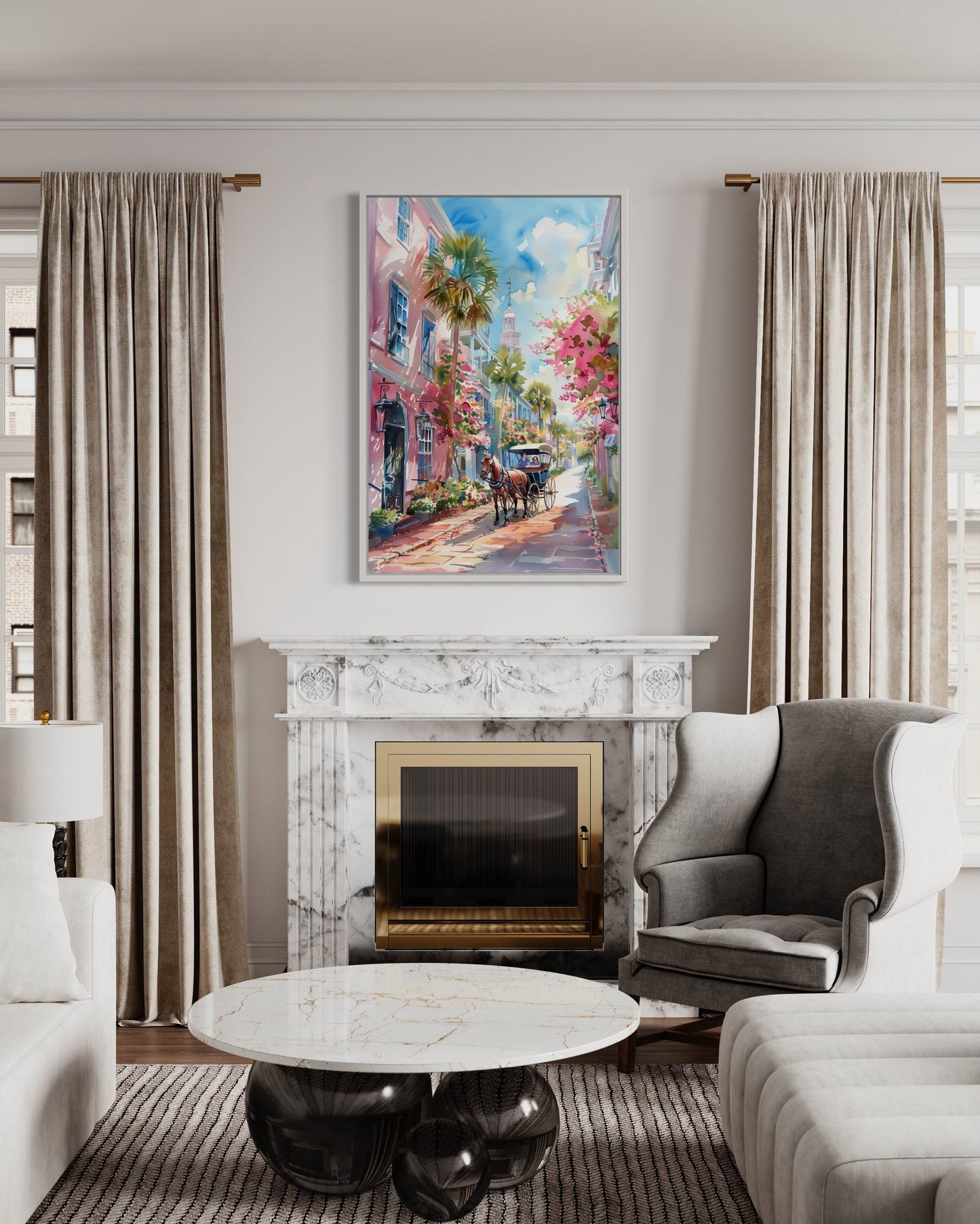 Charleston Horse Carriage In The Street Framed Canvas Wall Art
